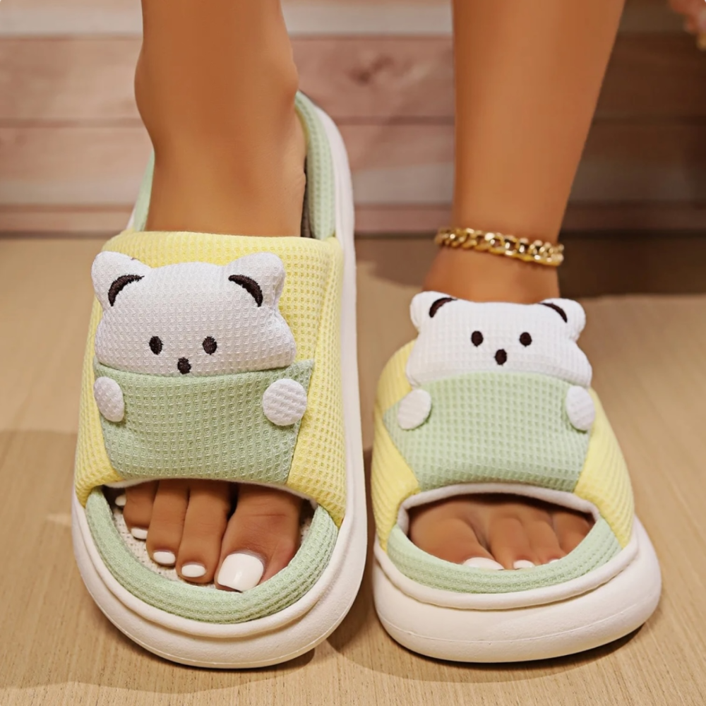 Woman Slippers Open Toe Bear Green